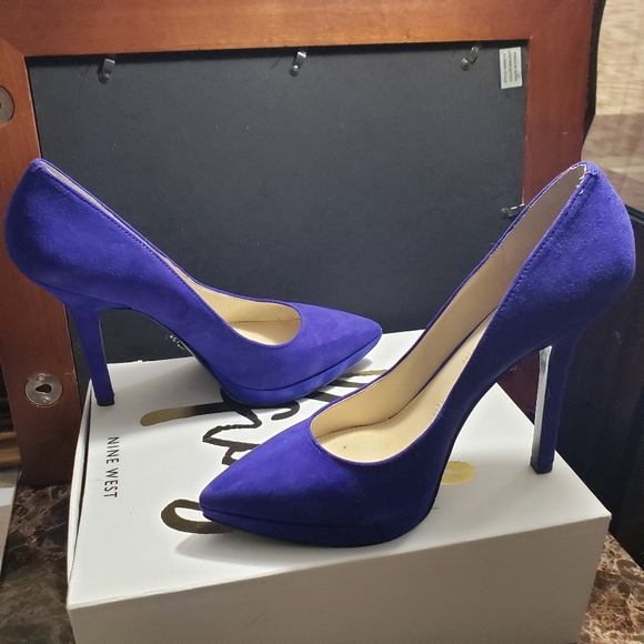 Nine West Shoes - Nine West Love Fury Blue Faux Suede Heels & Box